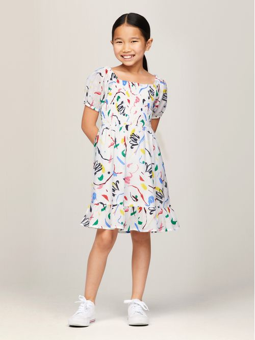 VESTIDO FRUNCIDO CON ESTAMPADO ABSTRACTO (NIÑOS)